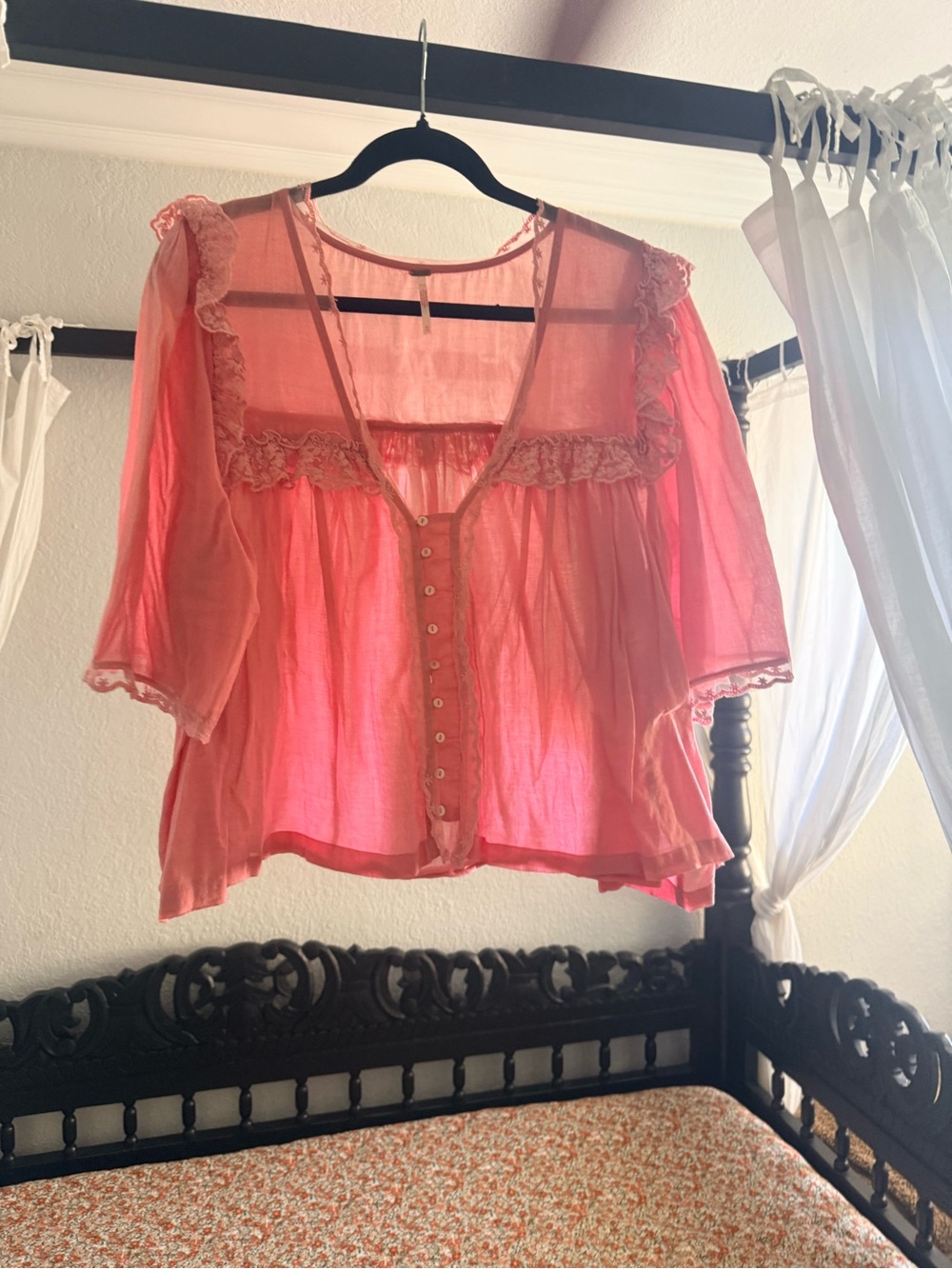 Pink Lace-Trim Button Front Women's Top